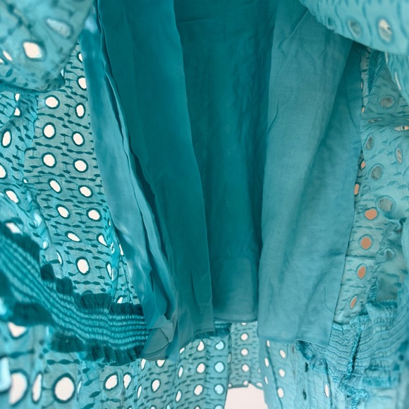 T Tahari Eyelet Midi Dress Blue Off-Shoulder Smocked Bodice Tiered NWT Sz XS - Picture 6 of 15